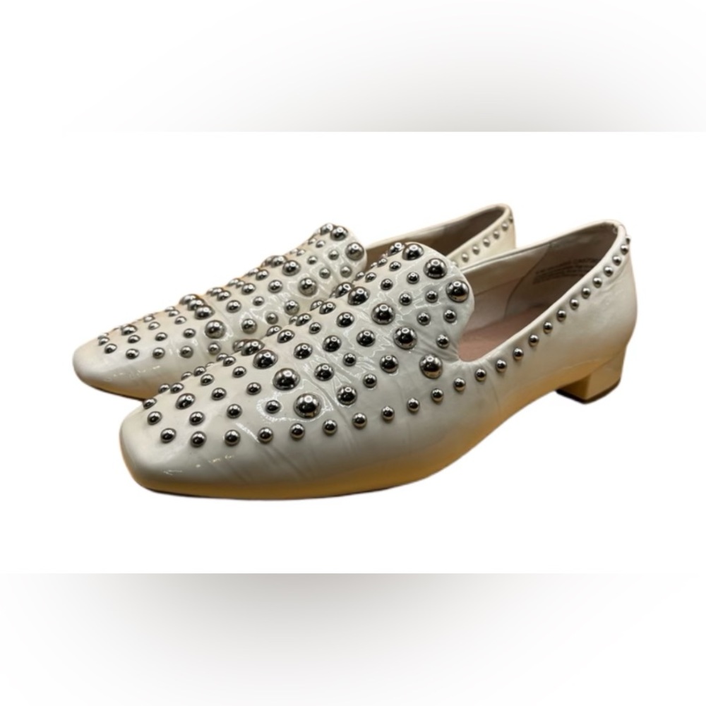 Halogen white patent leather studded, loafers